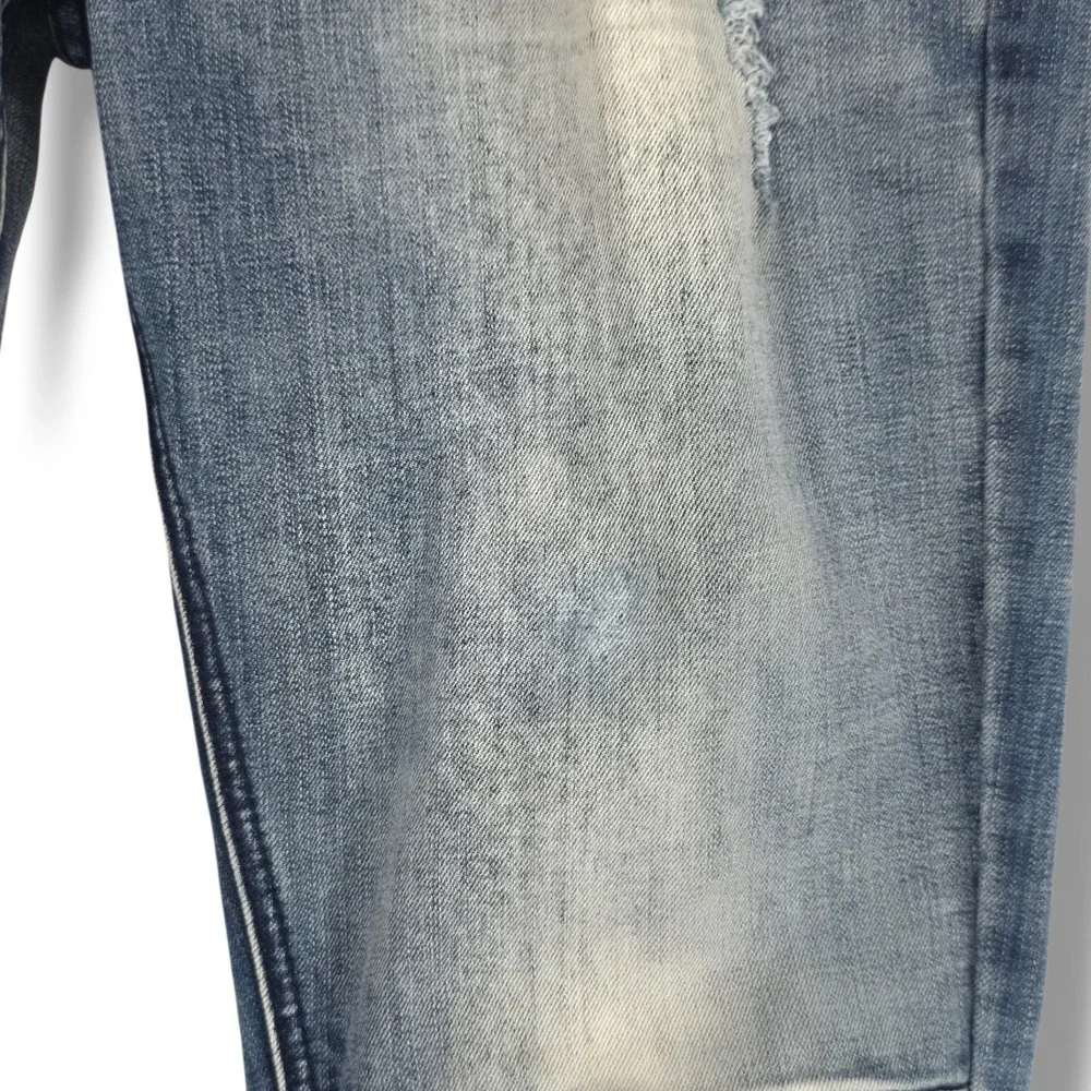 Smoke Rise Distressed Slim Straight Jeans Ripped Knee Moto Light Wash Y2K 34x34